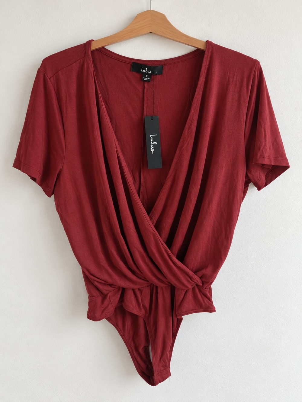 Lulus Burgundy Wrap Front Bodysuit Size Large NWT Short Sleeve Surplice Top